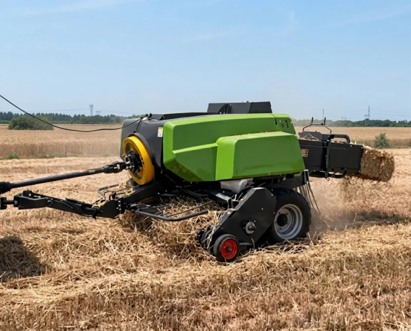 Square baler PTO shaft driveline connection — EP-9YF-1700 trailed hay baler connected to tractor power take-off