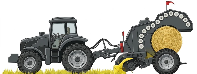Working principle of a round baler — pickup, continuous screw feeding, roll-drum compression and automatic net wrapping sequence