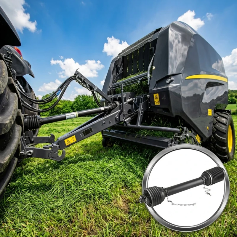 Square baler connected to tractor via PTO shaft — driveline connection for the EP-9YFS-2.2 two-chamber square baler